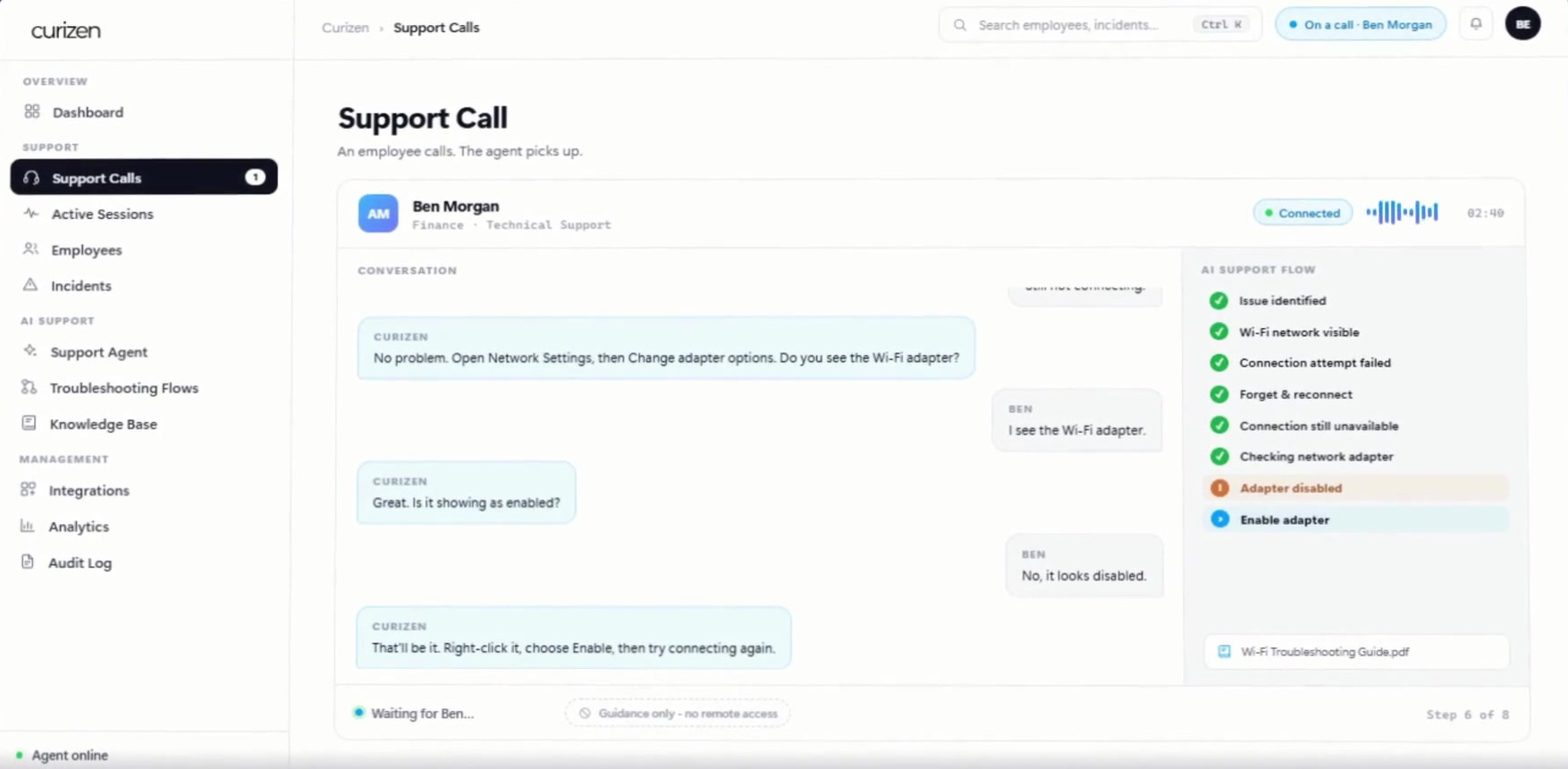 Curizen support call screen: the AI guides an employee through Wi-Fi troubleshooting while the support flow tracks each step